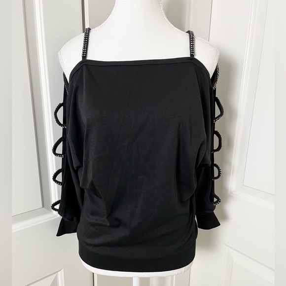 Vintage Michael Carrie Black Cutout Shoulder Blouse with Crystal Details-Medium - Picture 4 of 14